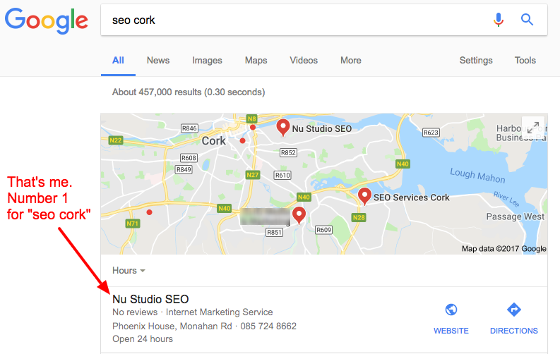 screenshot of google rankings for the keyword seo cork